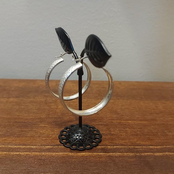 Mexican 925 Silver Checker Plate 3/4 Hoop Earrings - Picture 3 of 7